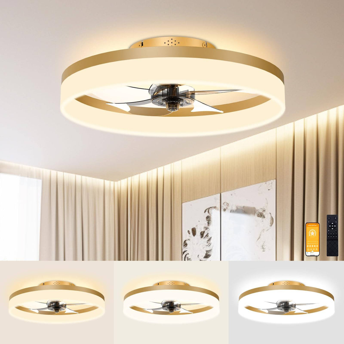VOLISUN Low Profile Ceiling Fans with Lights and Remote, 19.7in Fandelier Ceiling Fan Flush Mount, 3000K 6500K Smart Bladeless LED Fan Light, Gold