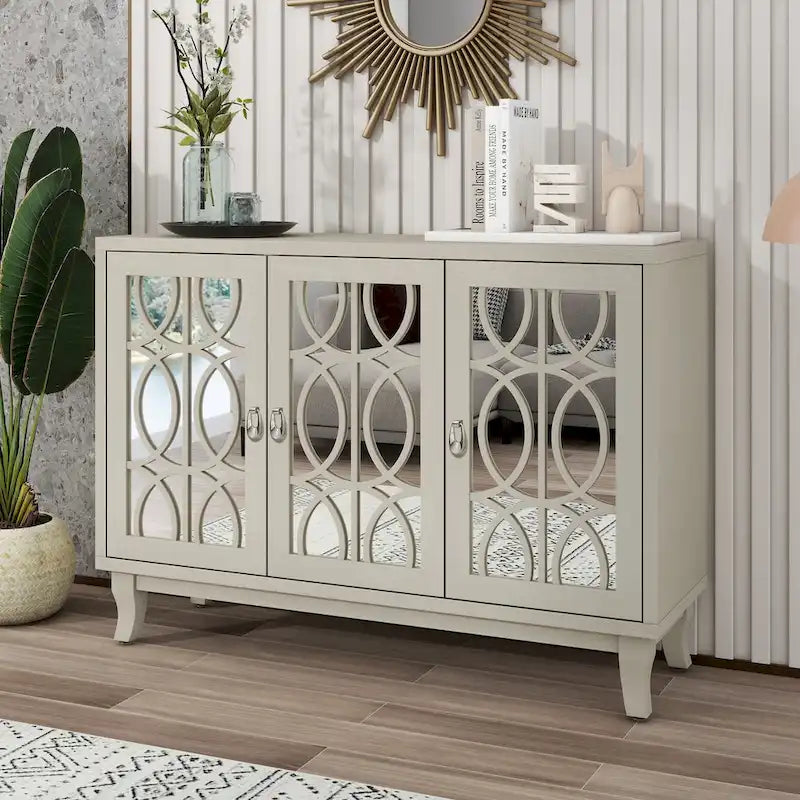 Mirrored Buffet Cabinet with Glass Doors and Silver Handles 3 Door Sideboard for Living Room, Hallway, and Dining Room